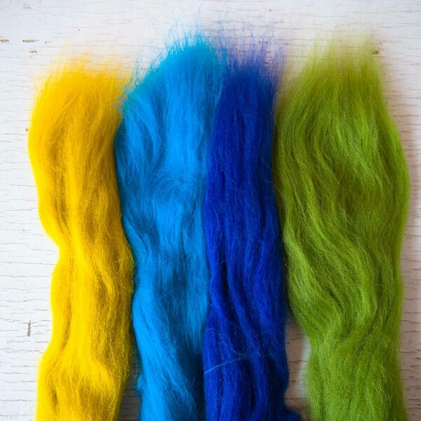 Merino top assortment, peacock (yellow, two shades of blue, bright green), 100 g total